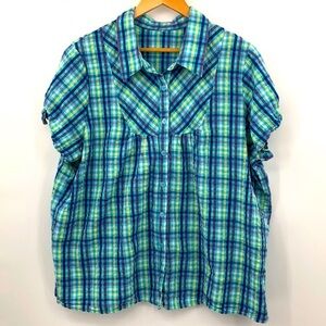 Plaid Button Down Shortsleeved Top Size XXL Blues Yellow Purple White